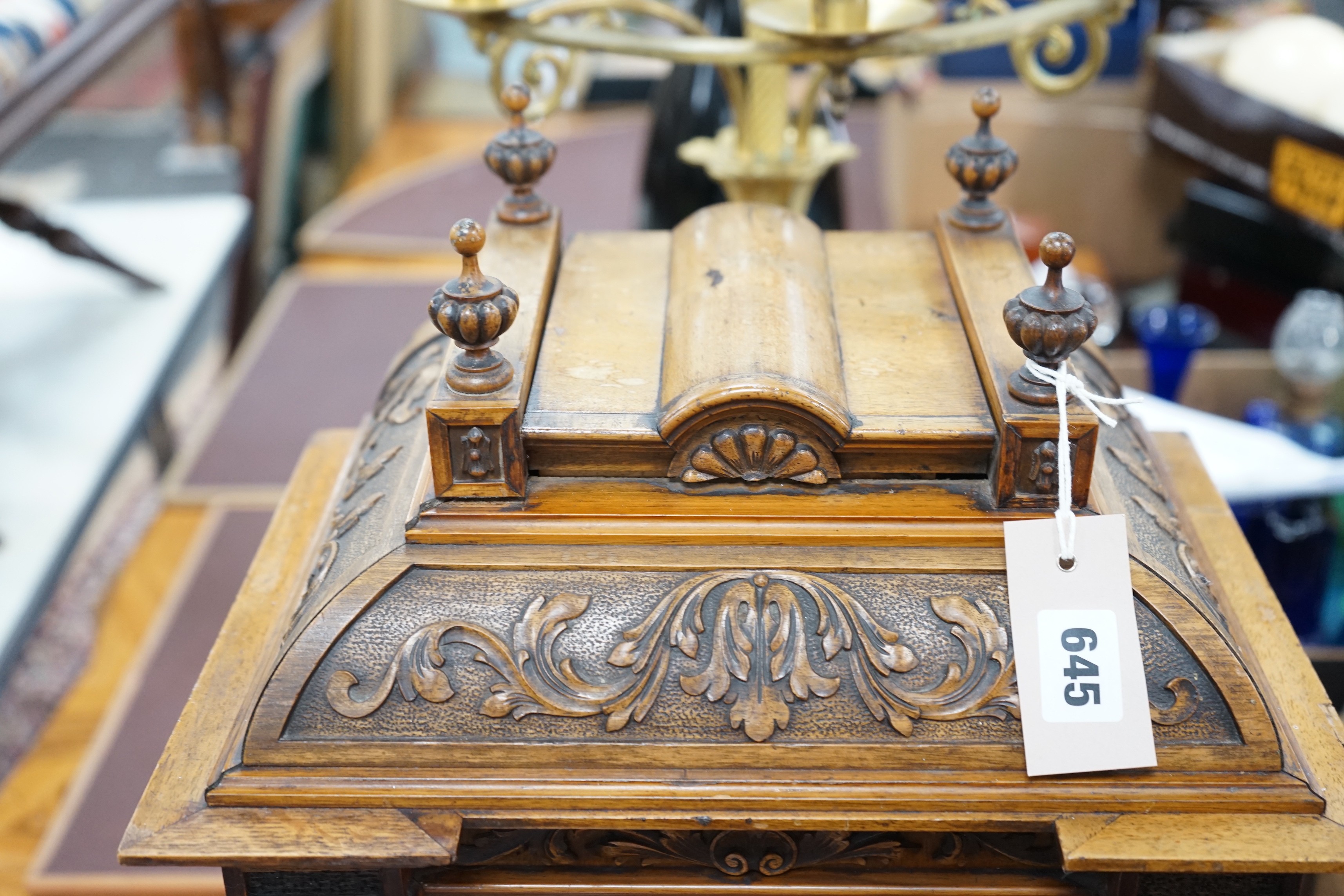 A 19th century architectural walnut bracket clock, with key and pendulum. 53cm tall - Image 4 of 5