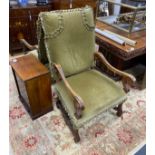 A pair of Louis XVI style upholstered mahogany open armchairs, width 60cm, depth 58cm, height 116cm