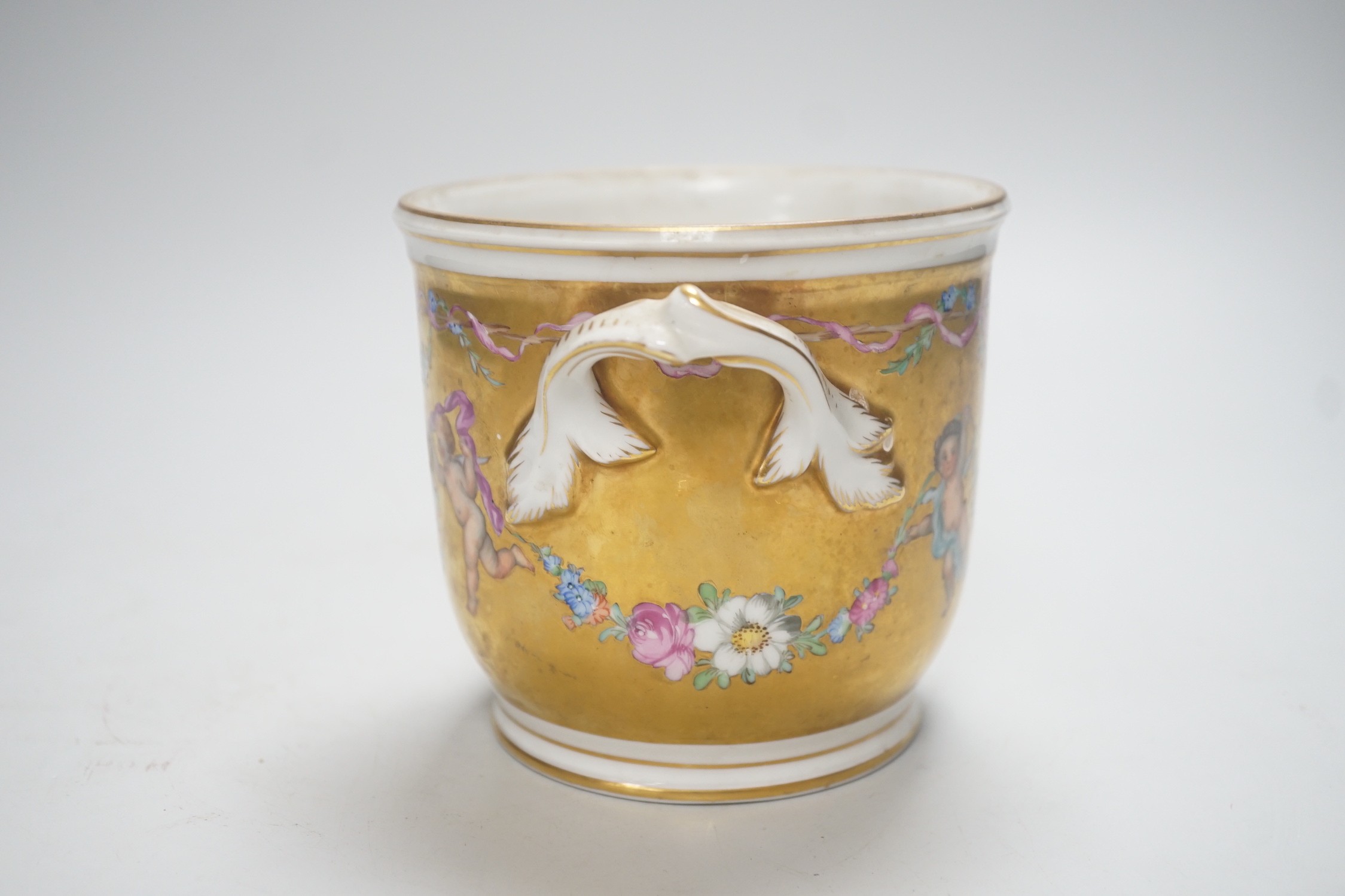 A late 19th century gilded Dresden cherubic jardiniere, 11cm - Image 2 of 4