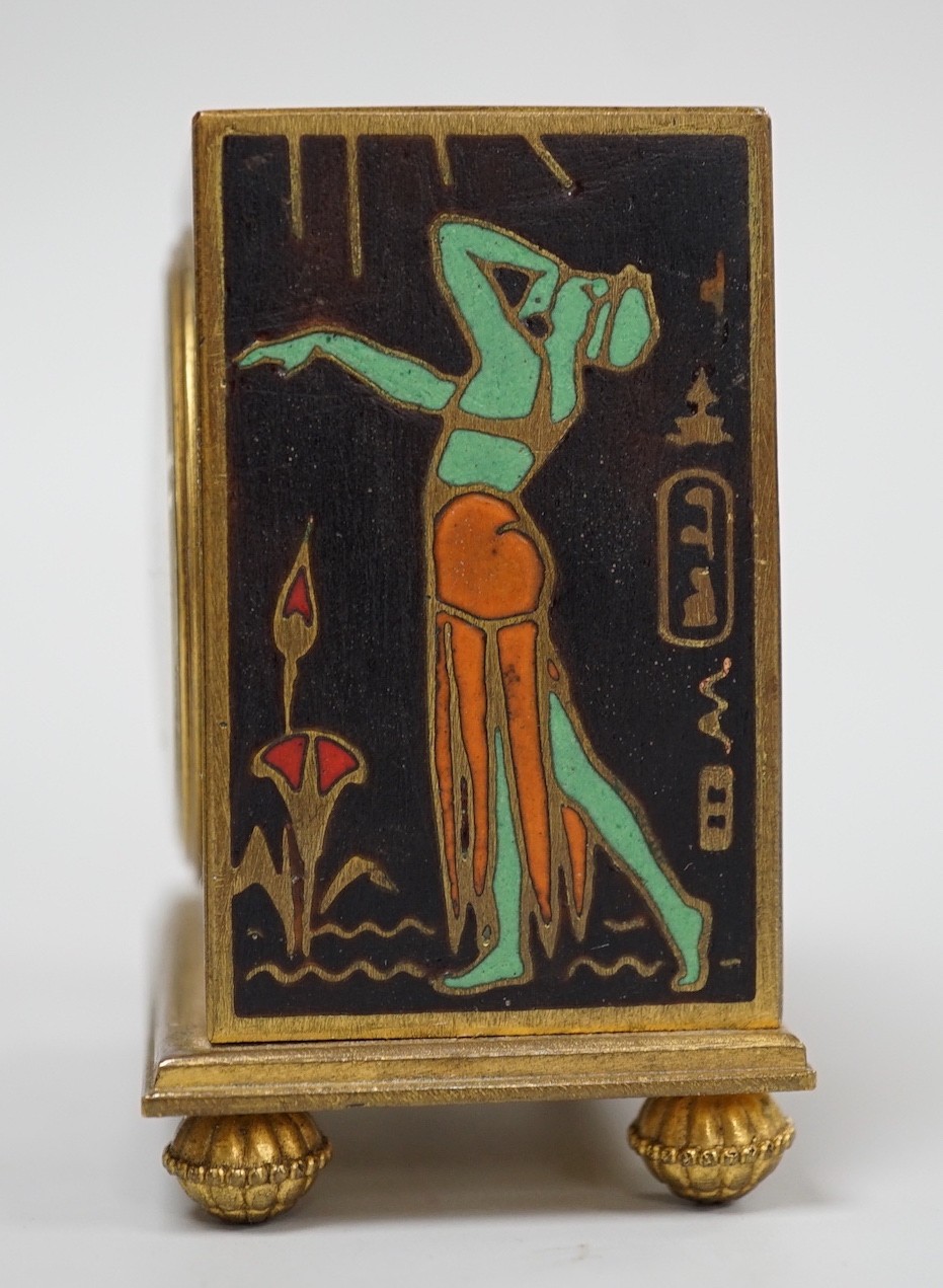 A Zenith champleve enamel Egyptianesque travelling alarm clock in case, 10cm total height - Image 3 of 6