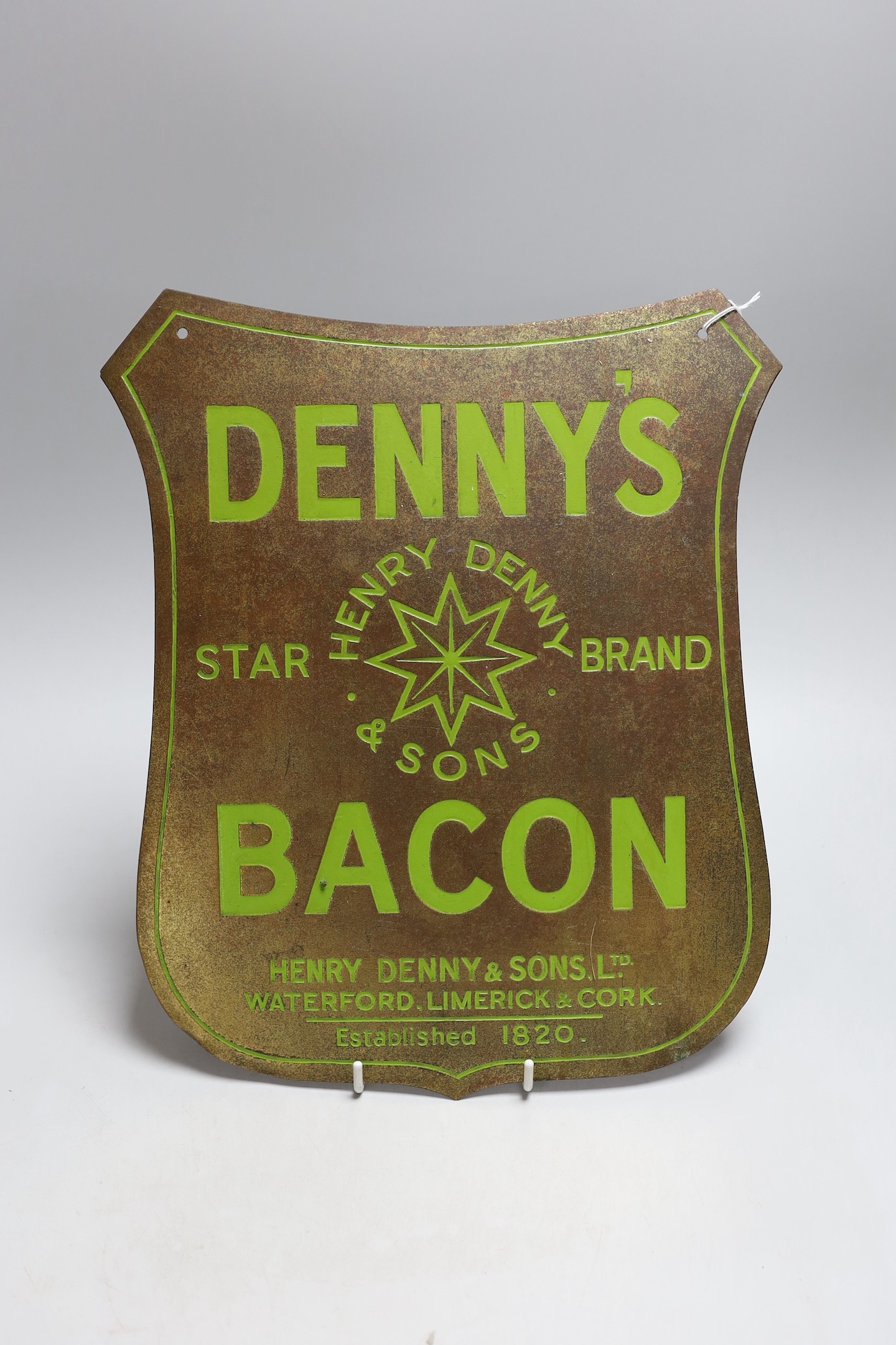 An Irish ‘Dennys Bacon’ badge sign. 34cm tall