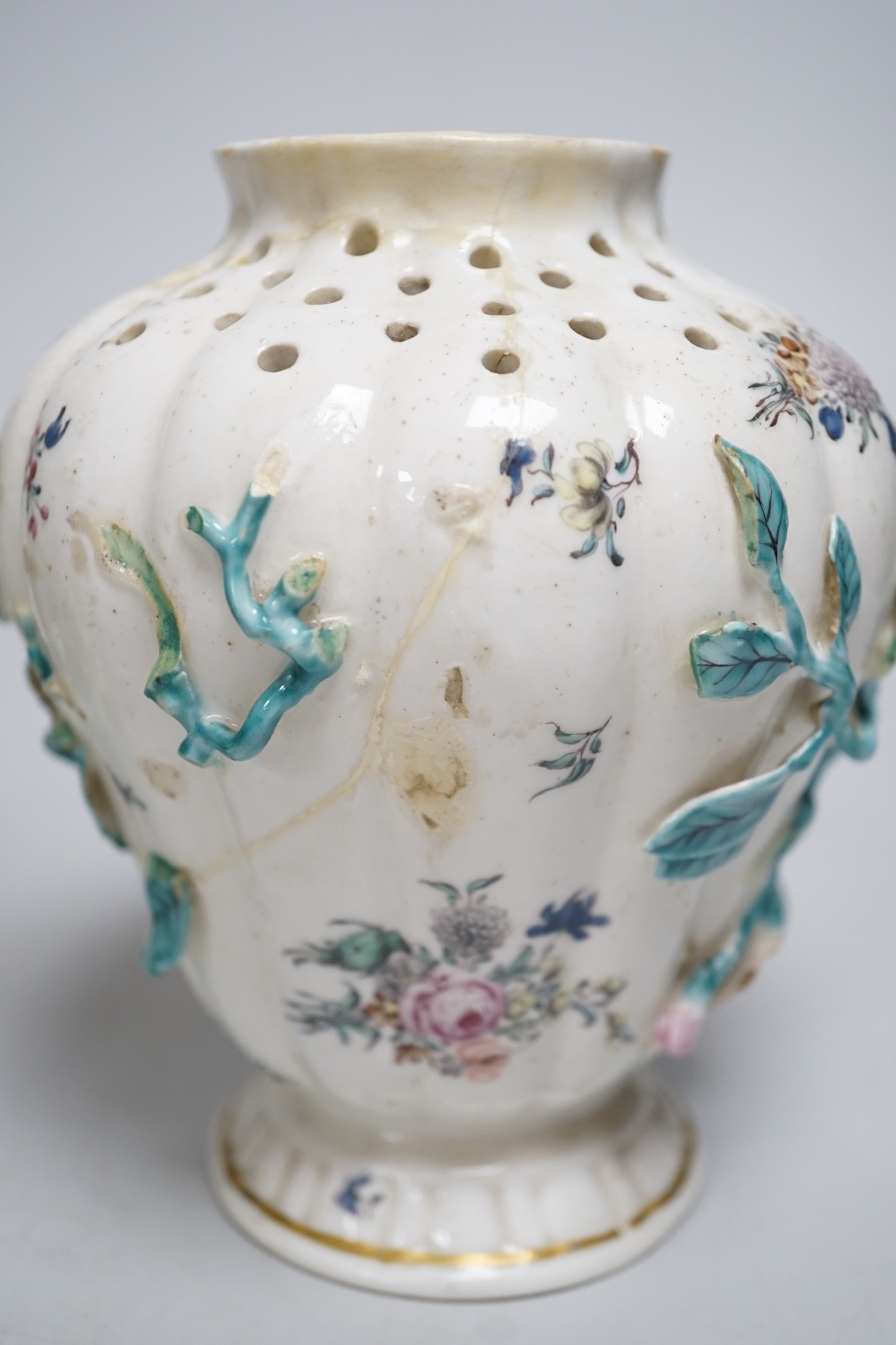 An 18th century Chelsea pot pourri vase, red anchor period, encrusted and painted with leaves and - Image 7 of 10