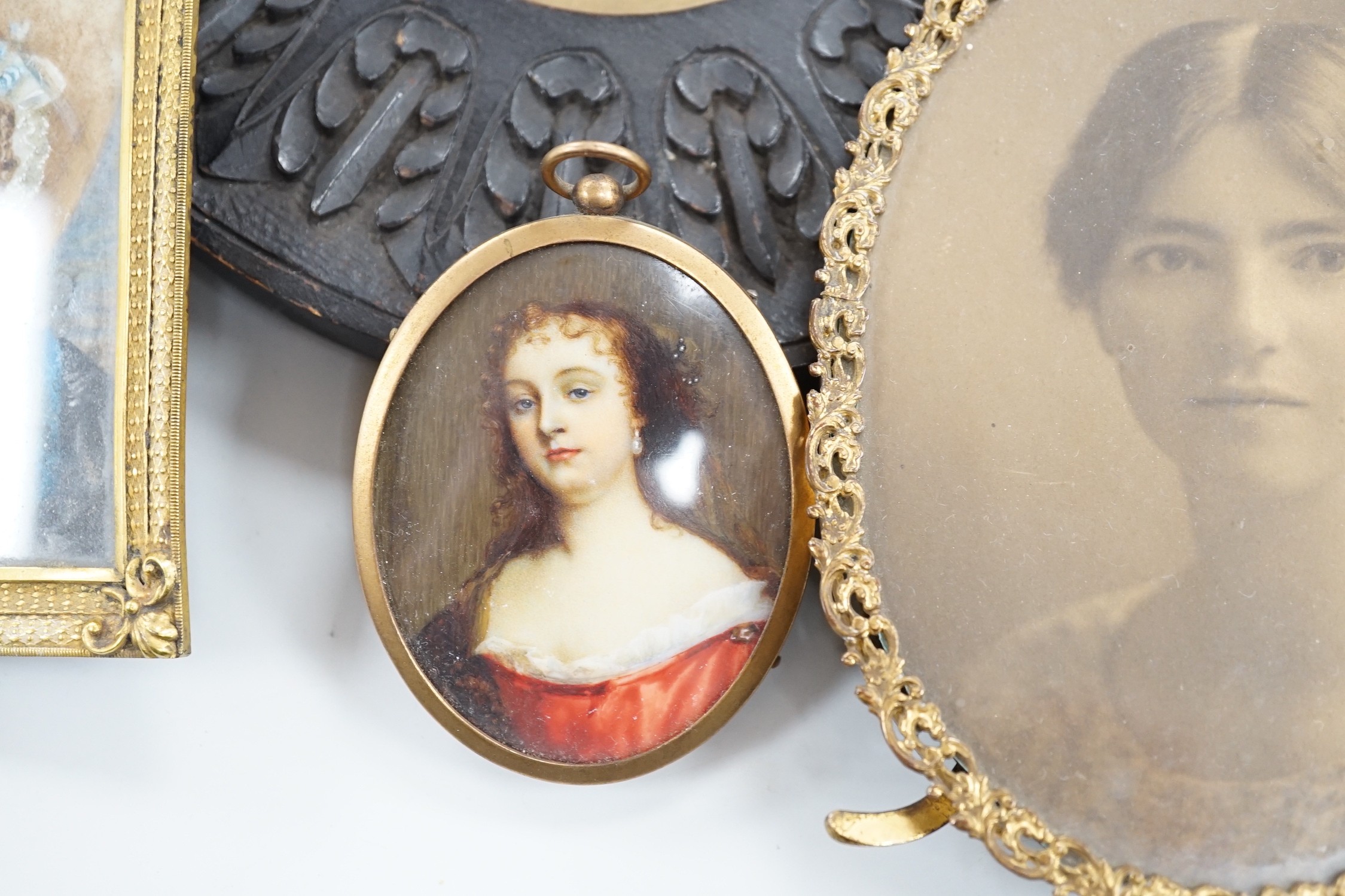 Continental School, 18th century, portrait miniature on ivory, Portrait of a Lady in a red dress, - Image 6 of 8