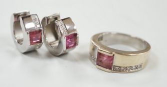 A modern 18ct white gold, pink tourmaline and diamond chip set suite of jewellery, comprising a