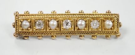 An early 20th century yellow metal, three stone diamond and four stone split pearl set bar brooch,