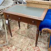 A Victorian mahogany three drawer writing table, width 78cm, depth 48cm, height 78cm