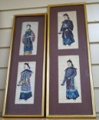 19th century Chinese School, four gouache on pith paper, Studies of noble men, largest 20 x 8.5cm,