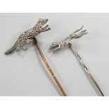 A mid 20th century white metal and diamond chip set hound stick pin, 57mm, in Asprey box and a