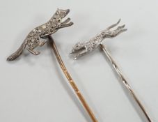 A mid 20th century white metal and diamond chip set hound stick pin, 57mm, in Asprey box and a