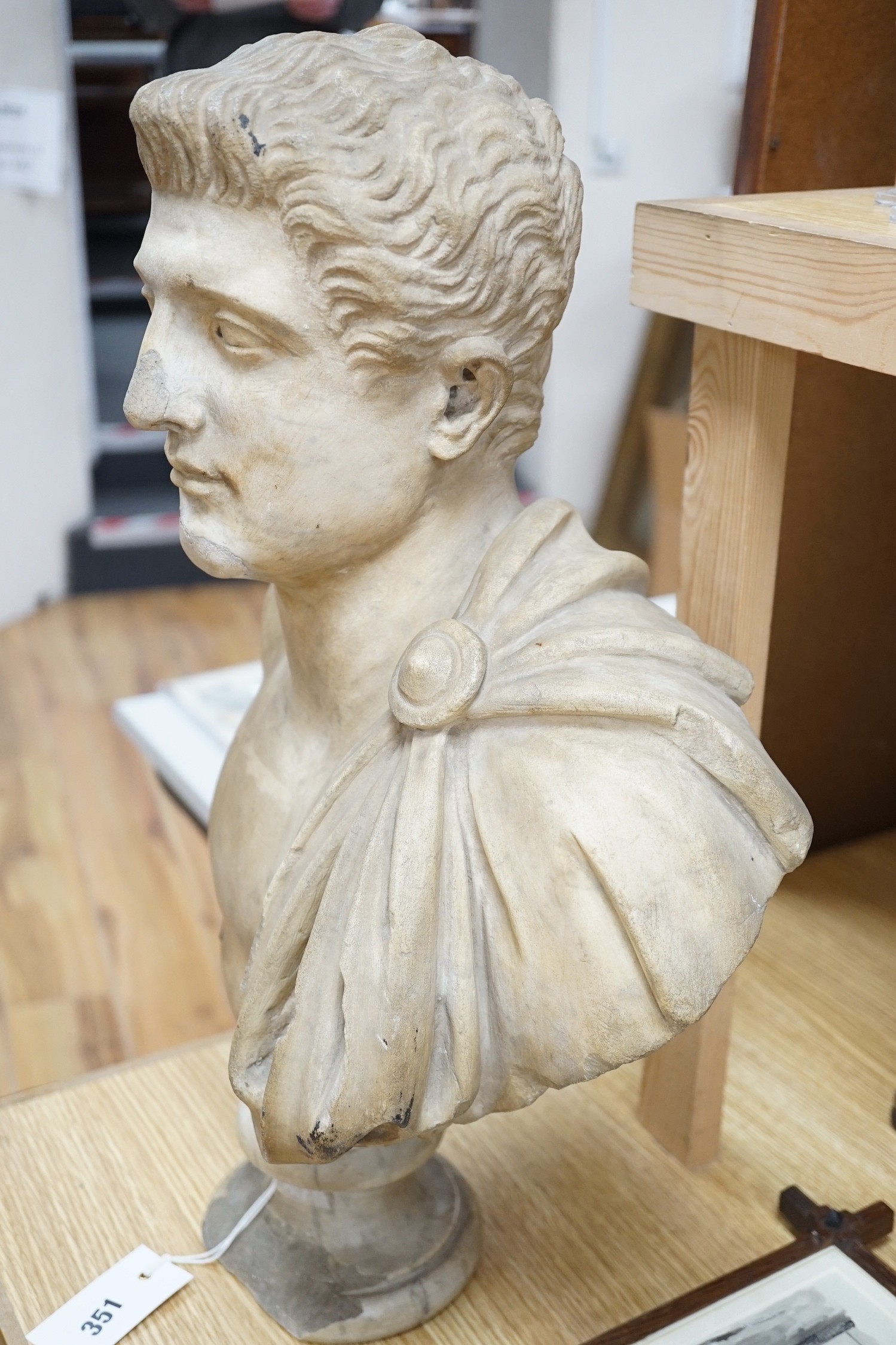After the Antique marble bust of a Roman man wearing a Chlamys with a buckle at the shoulder, - Image 4 of 4