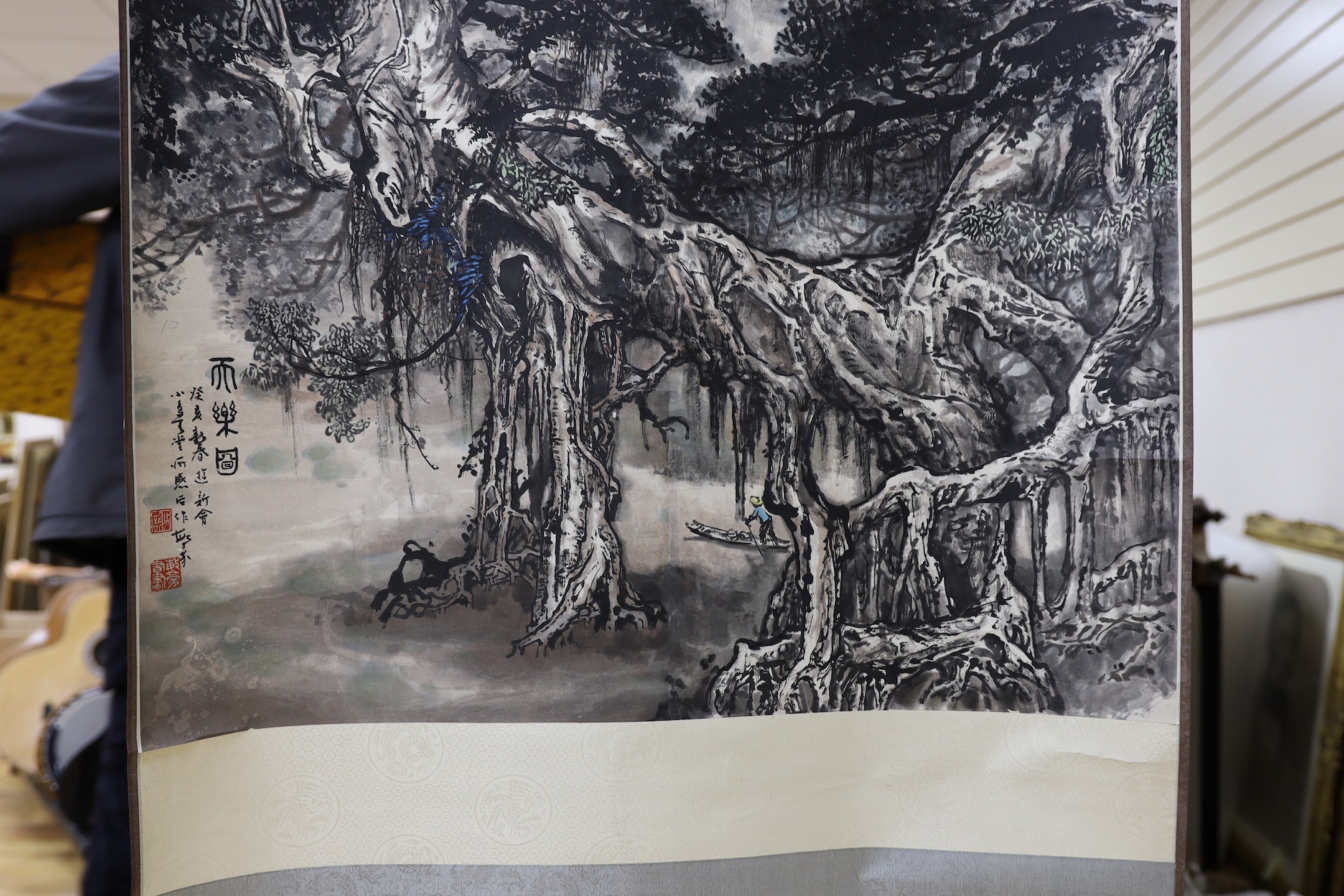 A Chinese landscape scroll painting and a Japanese scroll - Image 5 of 7