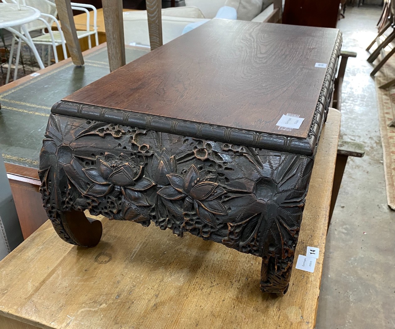 A Malaysian carved hardwood low table, width 92cm, depth 40cm, height 29cm - Image 2 of 3