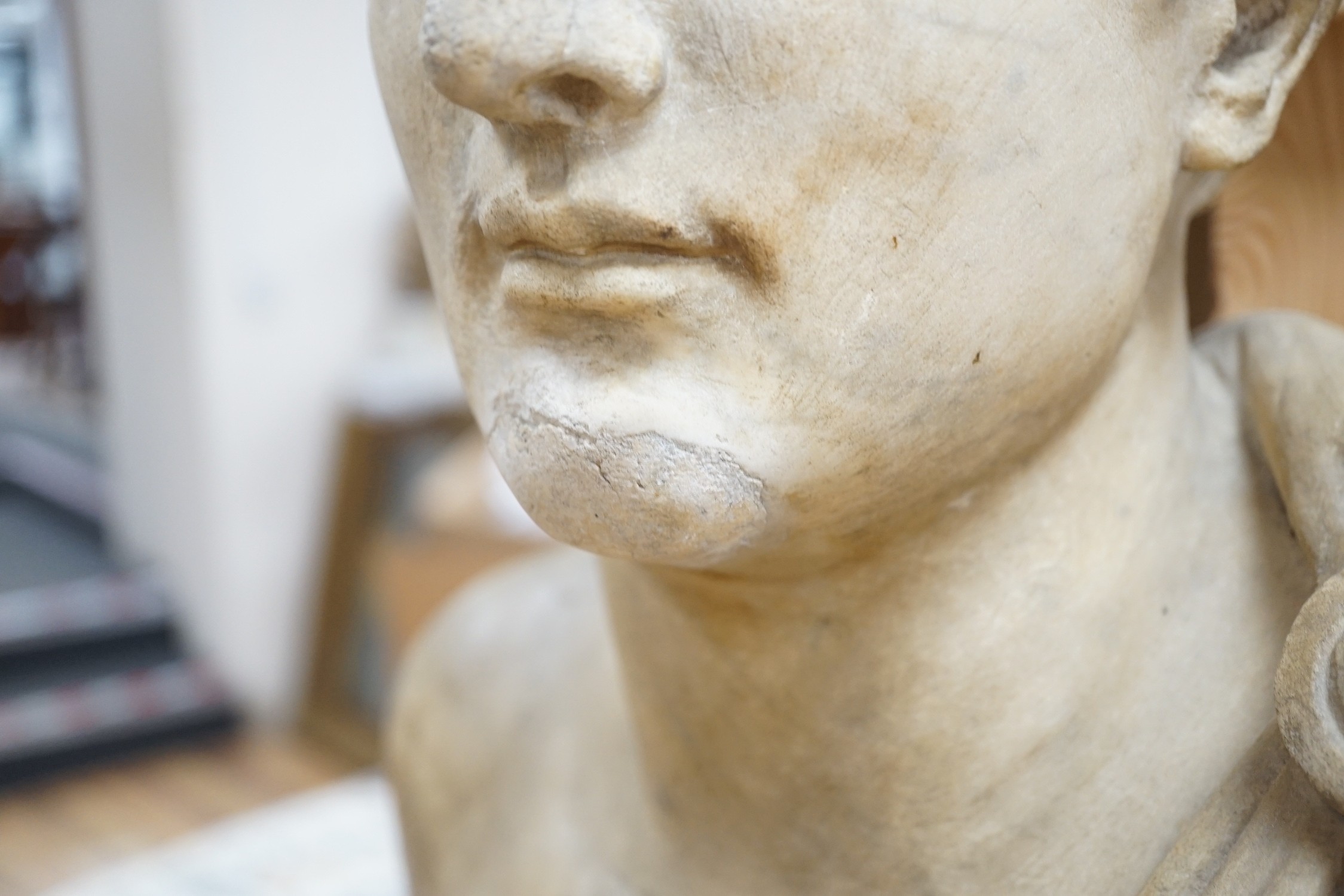 After the Antique marble bust of a Roman man wearing a Chlamys with a buckle at the shoulder, - Image 3 of 4