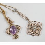 Two Edwardian 9ct and gem set pendants, including amethyst and seed pearl and two stone aquamarine