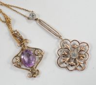 Two Edwardian 9ct and gem set pendants, including amethyst and seed pearl and two stone aquamarine