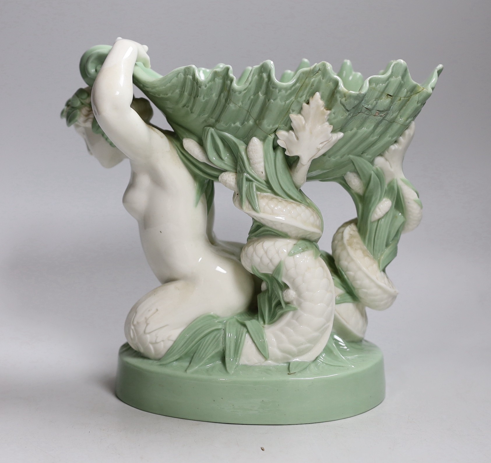 A 19th century Minton celadon glazed figure of a mermaid with a shell on her back, 21cm tall - Image 2 of 4