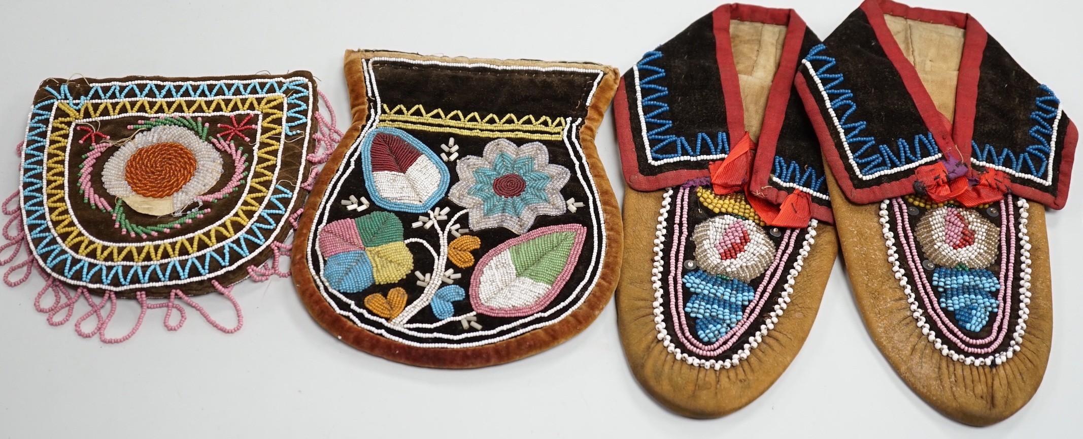 A pair of mid to late 19th century Mikmaq, North American Indian, moccasins, worked in floral