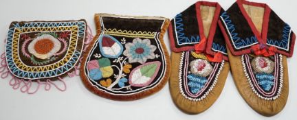 A pair of mid to late 19th century Mikmaq, North American Indian, moccasins, worked in floral