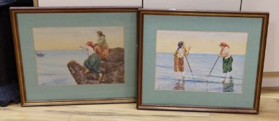 G. Filots , pair of watercolours, Fishermen's wives raking seaweed and Seated on the cliffs, signed,