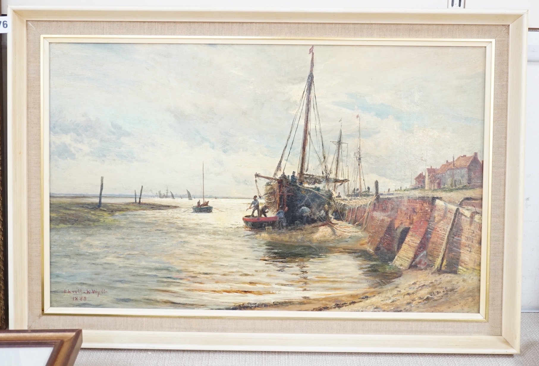 Charles William Wyllie (1853-1923), oil on board, Fishing boat along the wharf at low tide, signed - Image 2 of 3