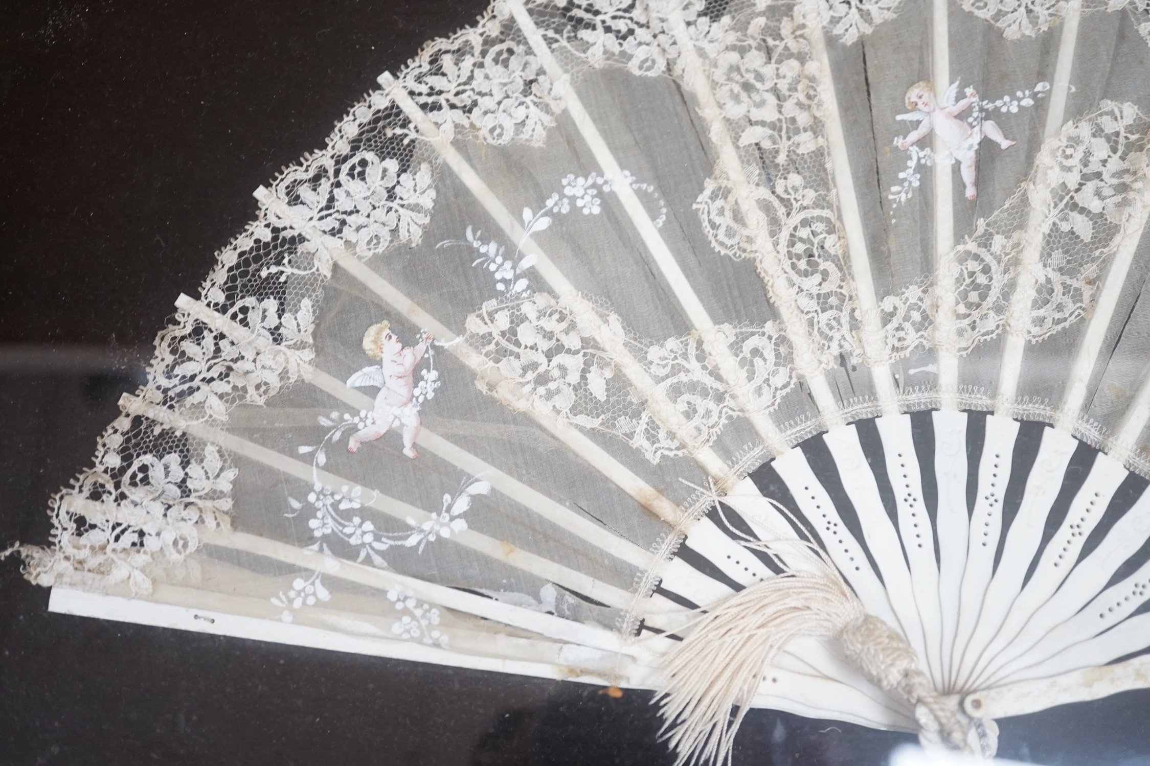 A pair of 19th century cased bone and painted lace fans, 40cm long excl frame - Image 2 of 9