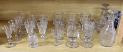A mixed selection of glass rummers and other drinking vessels and decanters. Tallest 22.5cm