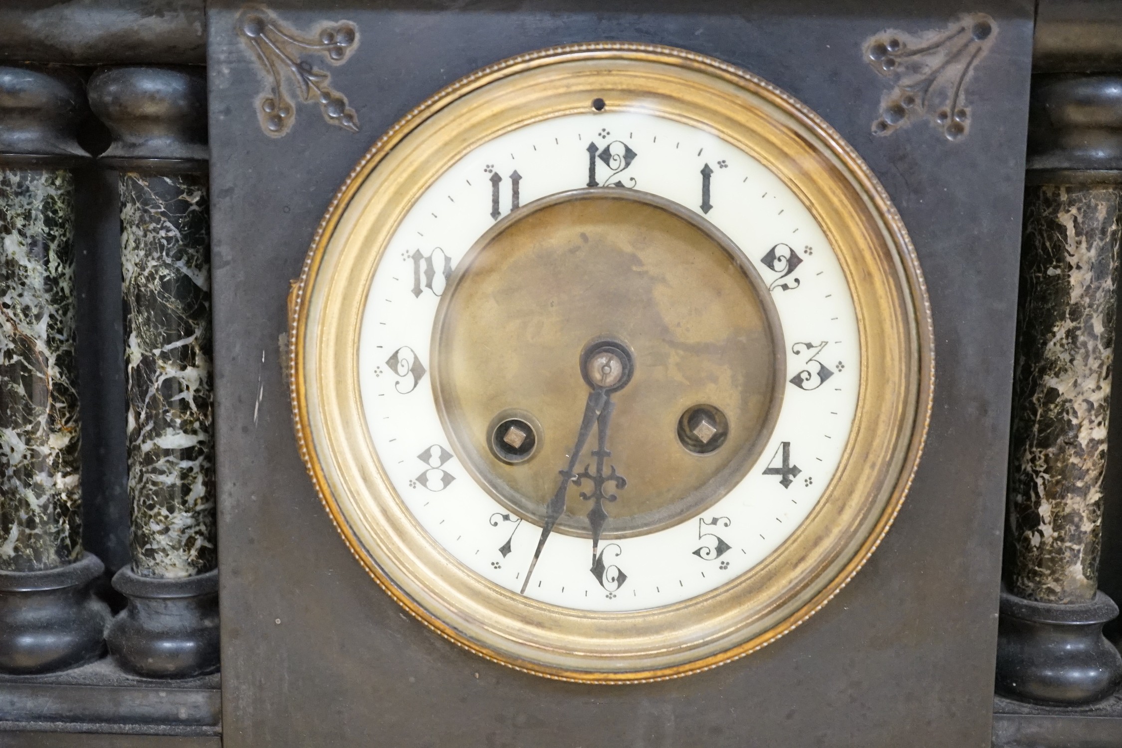 A Victorian black slate and marble architectural mantel clock, 38cm wide - Image 2 of 2