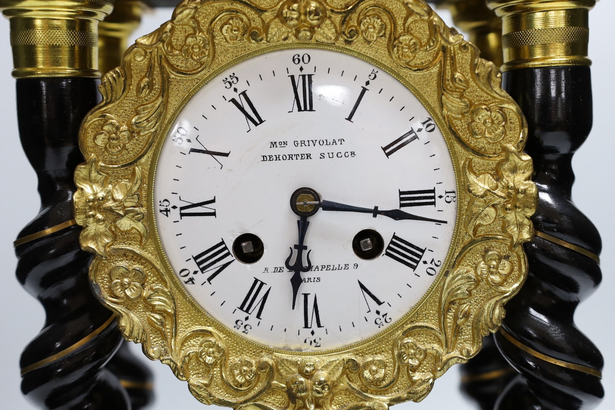 A French Napoleon III ebonised and brass inlaid portico clock. 49cm tall - Image 2 of 5