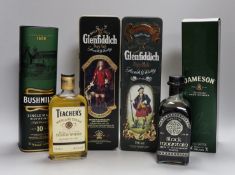 6 bottles of whisky/whiskey and brandy - 2 70cl bottles of Glenfiddich, 1 70cl bottle of