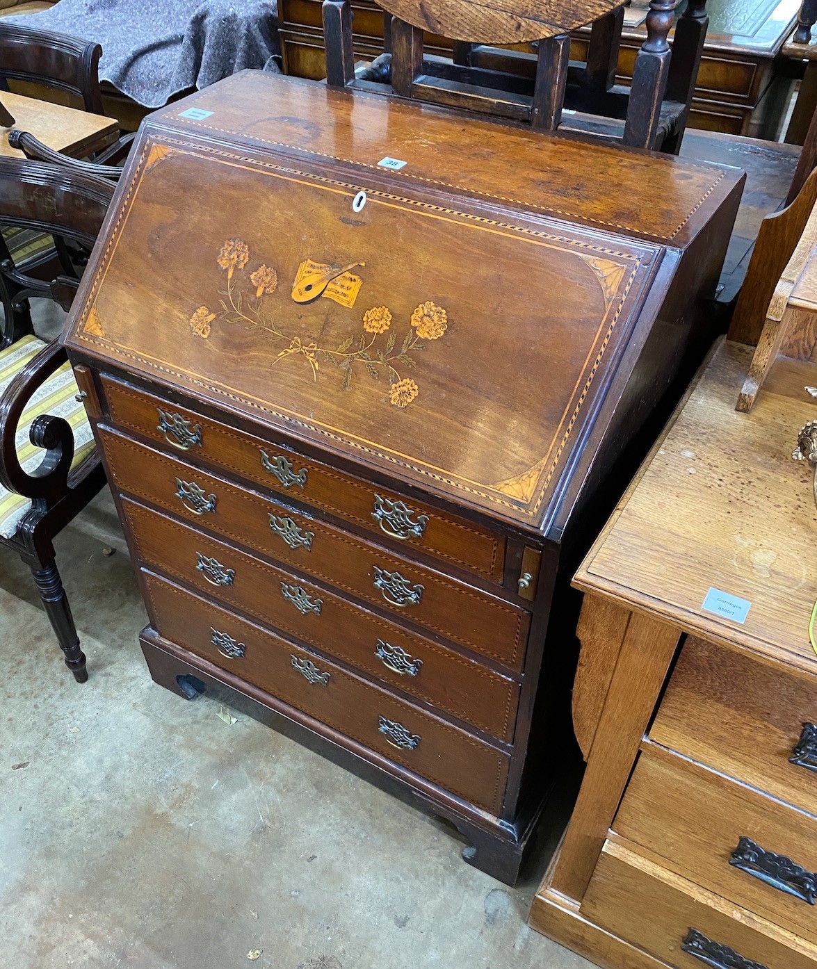 A George III, later inlaid mahogany bureau, width 77cm, depth 48cm, height 105cm