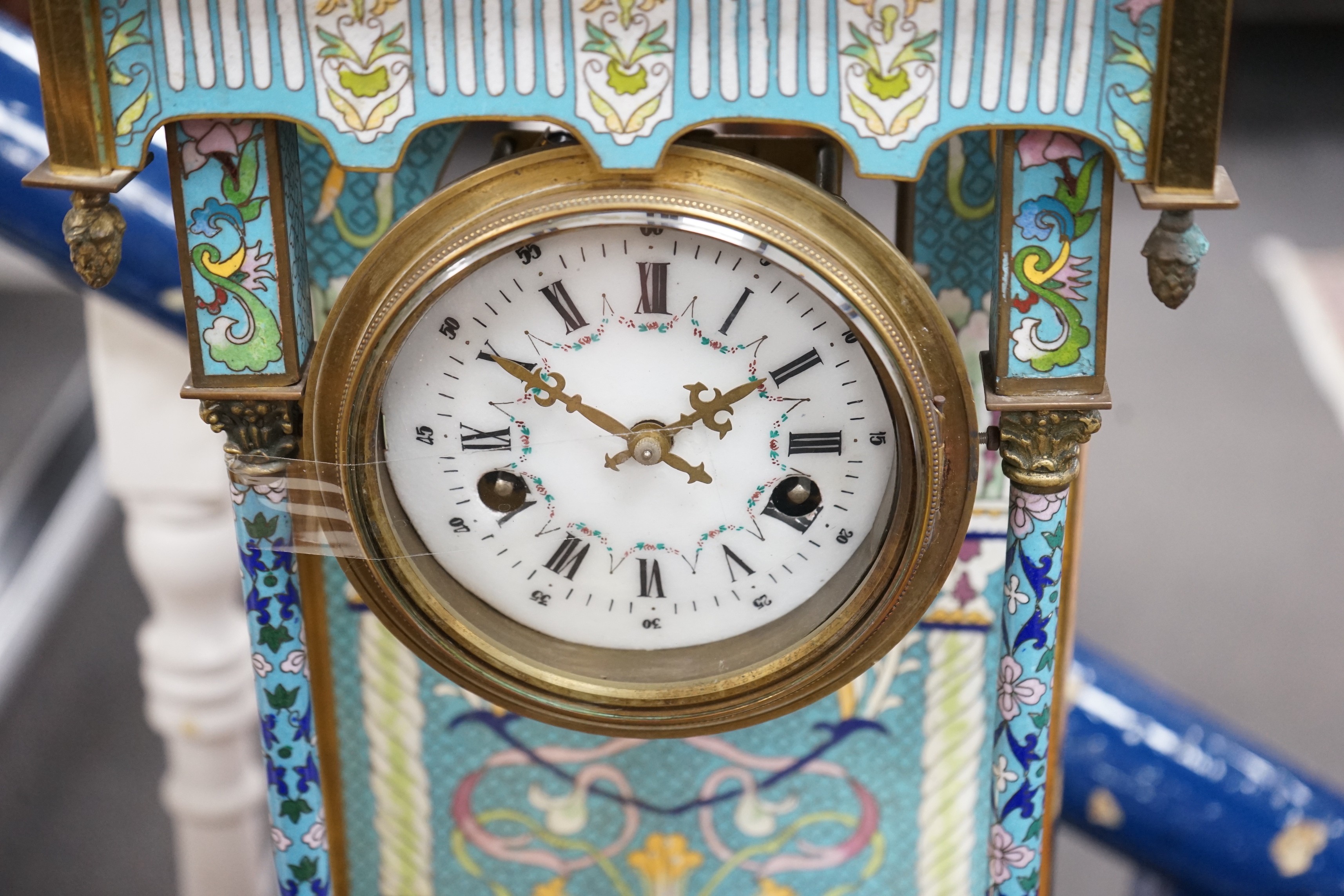 A large blue enamelled mantel clock with pendulum. 66cm tall - Image 3 of 4