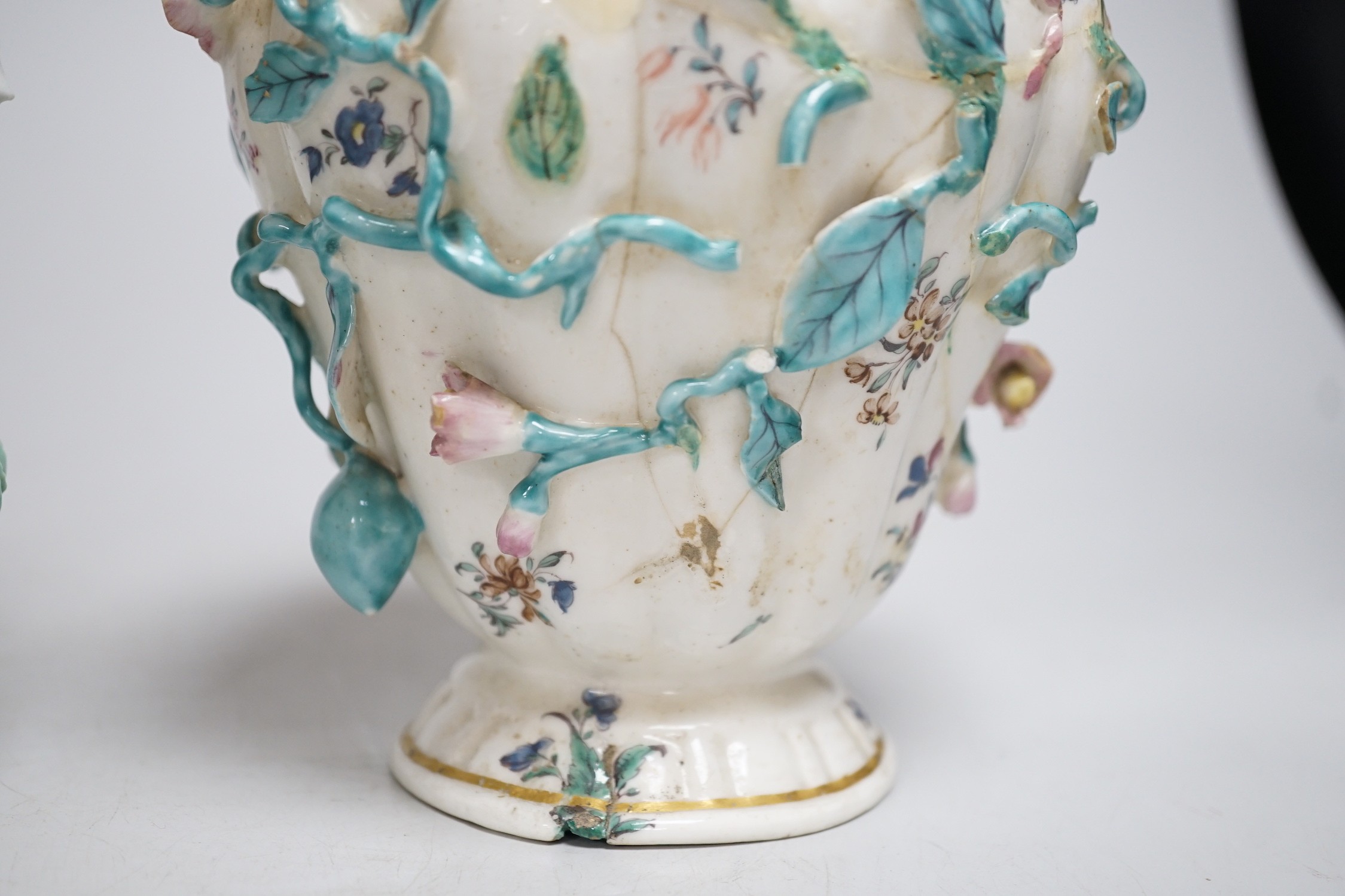 An 18th century Chelsea pot pourri vase, red anchor period, encrusted and painted with leaves and - Image 2 of 10