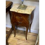 A pair of Louis XVI style marble top kingwood serpentine bombe bedside chests, width 42cm, depth