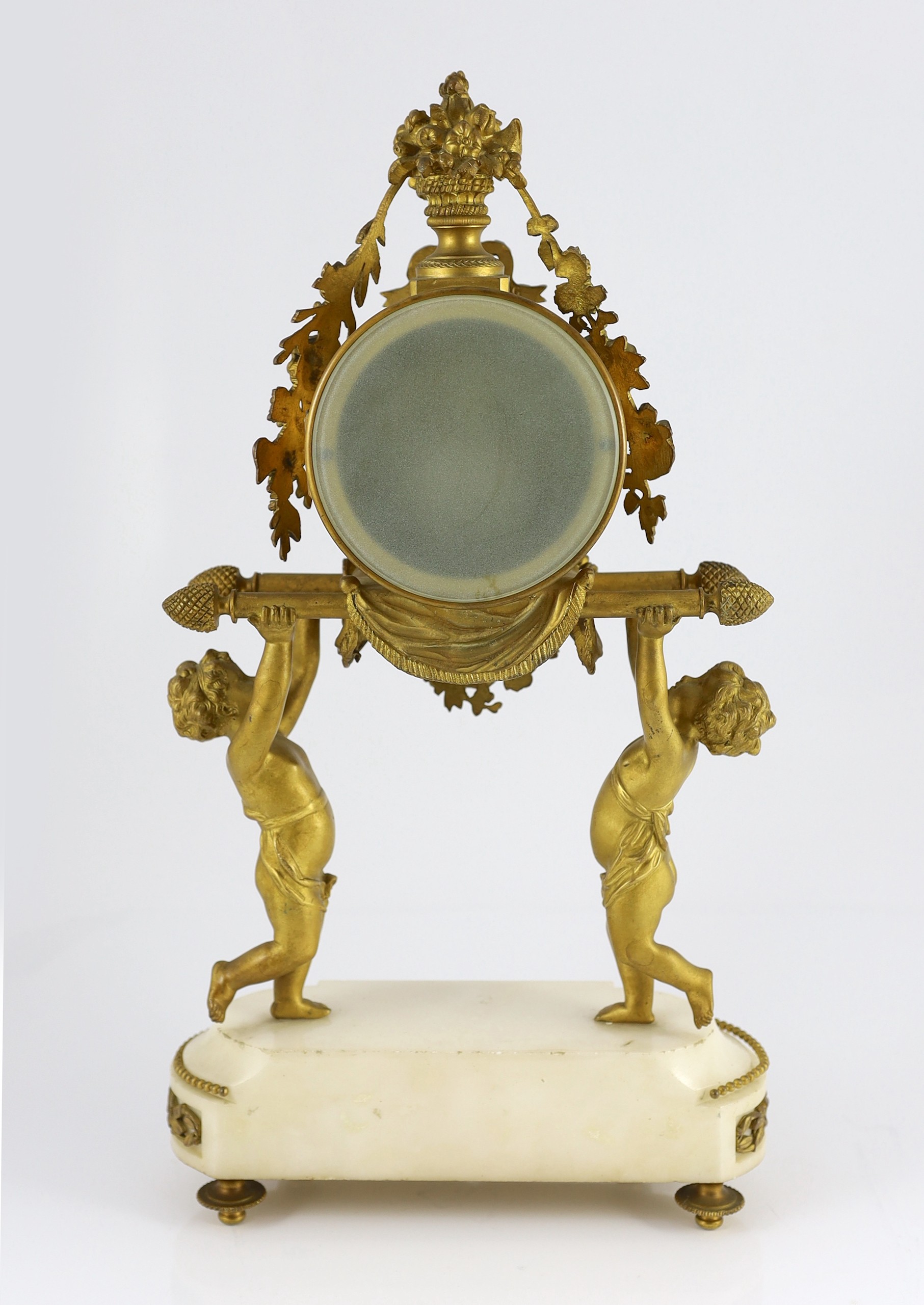 A French Louis XVI style ormolu and white marble mantel clock, the drum case supported by figures of - Image 4 of 7