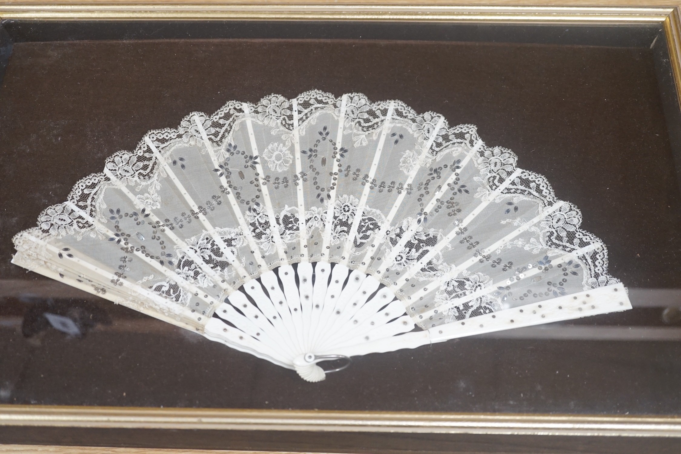 A pair of 19th century cased bone and painted lace fans, 40cm long excl frame - Image 6 of 9