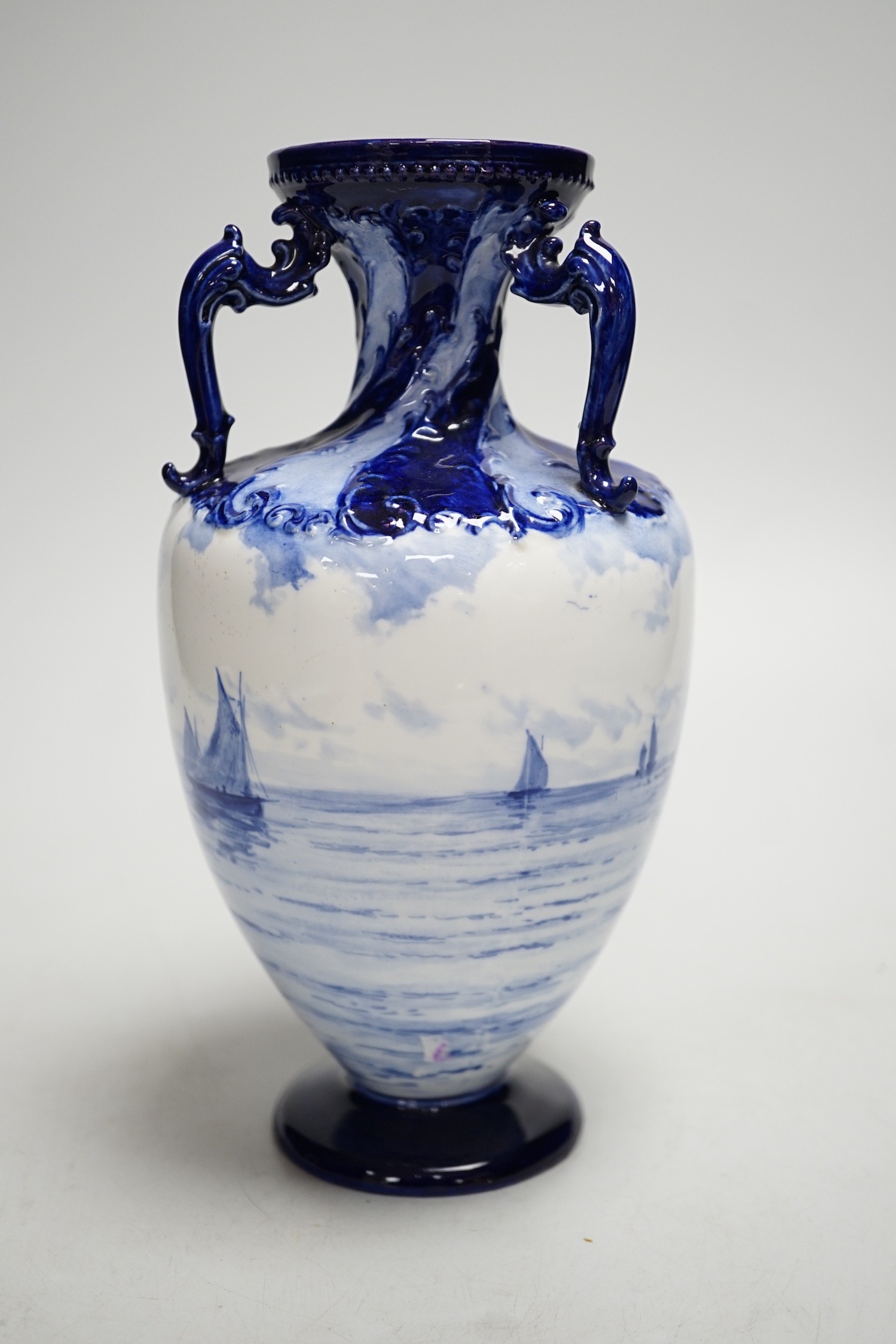 A Royal Crown Derby blue and white vase painted with shipping scenes by WEJ Dean. 22cm tall - Image 2 of 4