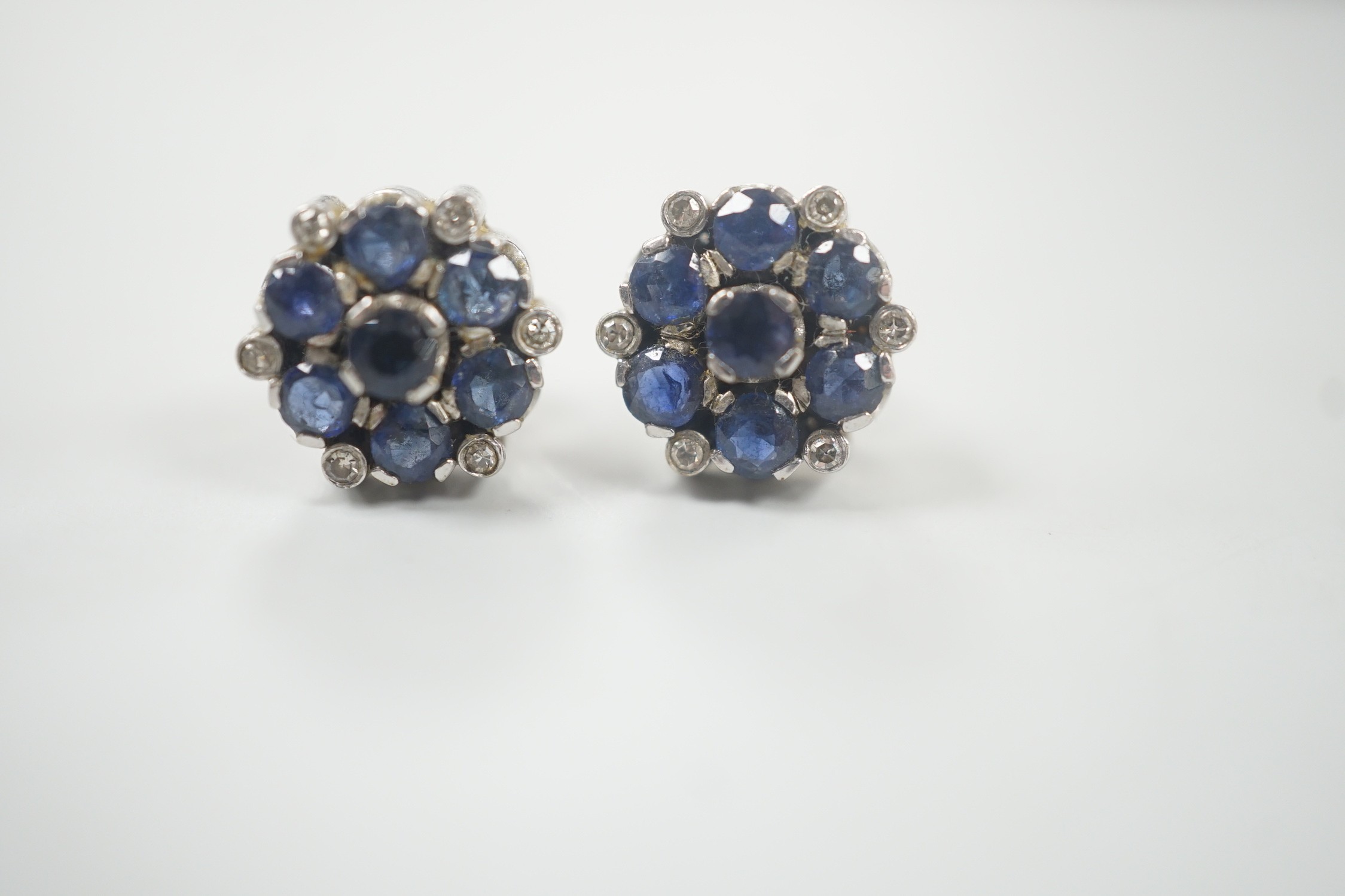 A pair of white metal, sapphire and diamond cluster set flower head ear studs, 10mm, gross weight - Image 4 of 6