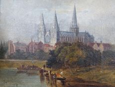 Jones (19thC English School), oil on canvas laid on board, View of a cathedral town, signed, 20 x