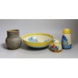 A Clarice Cliff blue crocus caster and bowl, a Clarice Cliff crocus honey pot and a late brown