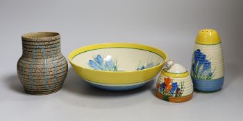 A Clarice Cliff blue crocus caster and bowl, a Clarice Cliff crocus honey pot and a late brown