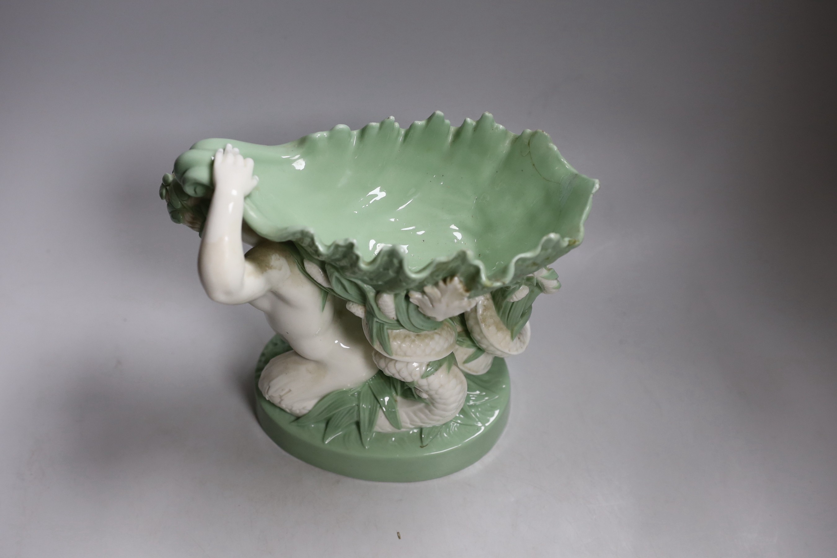 A 19th century Minton celadon glazed figure of a mermaid with a shell on her back, 21cm tall - Image 3 of 4