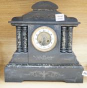A Victorian black slate and marble architectural mantel clock, 38cm wide