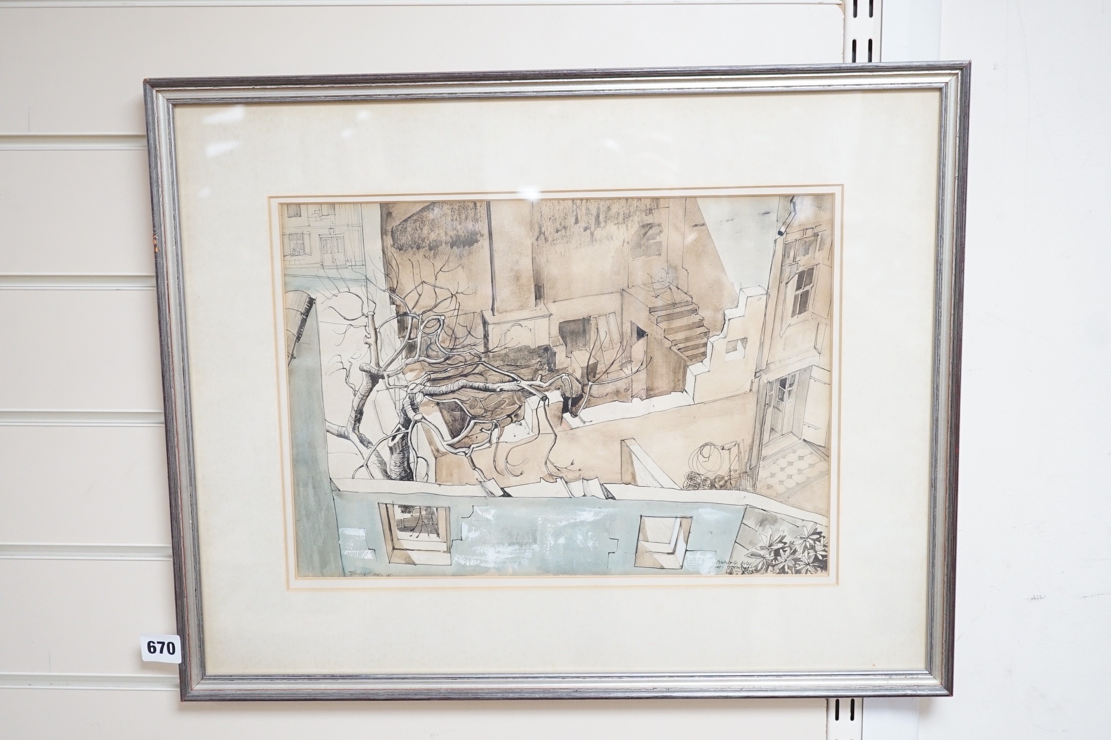 Tom Pomfret (1920-1997), ink and watercolour, 'Fontvielle, Arles', signed and dated 1951, 27 x 39cm - Image 2 of 4