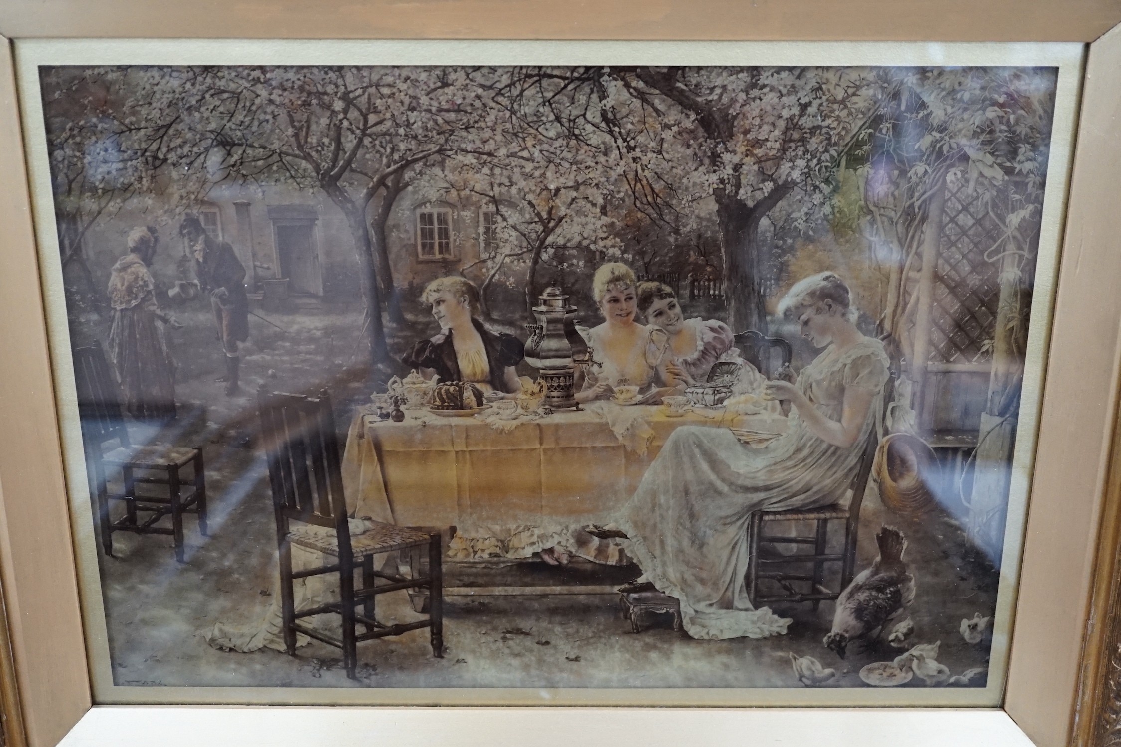 English School c.1900, two crystoleums, Tea in the garden and Lovers in woodland, 26 x 37cm - Image 5 of 5