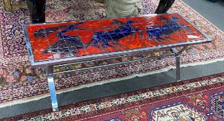 A mid century chromium coffee table, inset tiles by Andre Bayer, width 124cm, depth 45cm, height