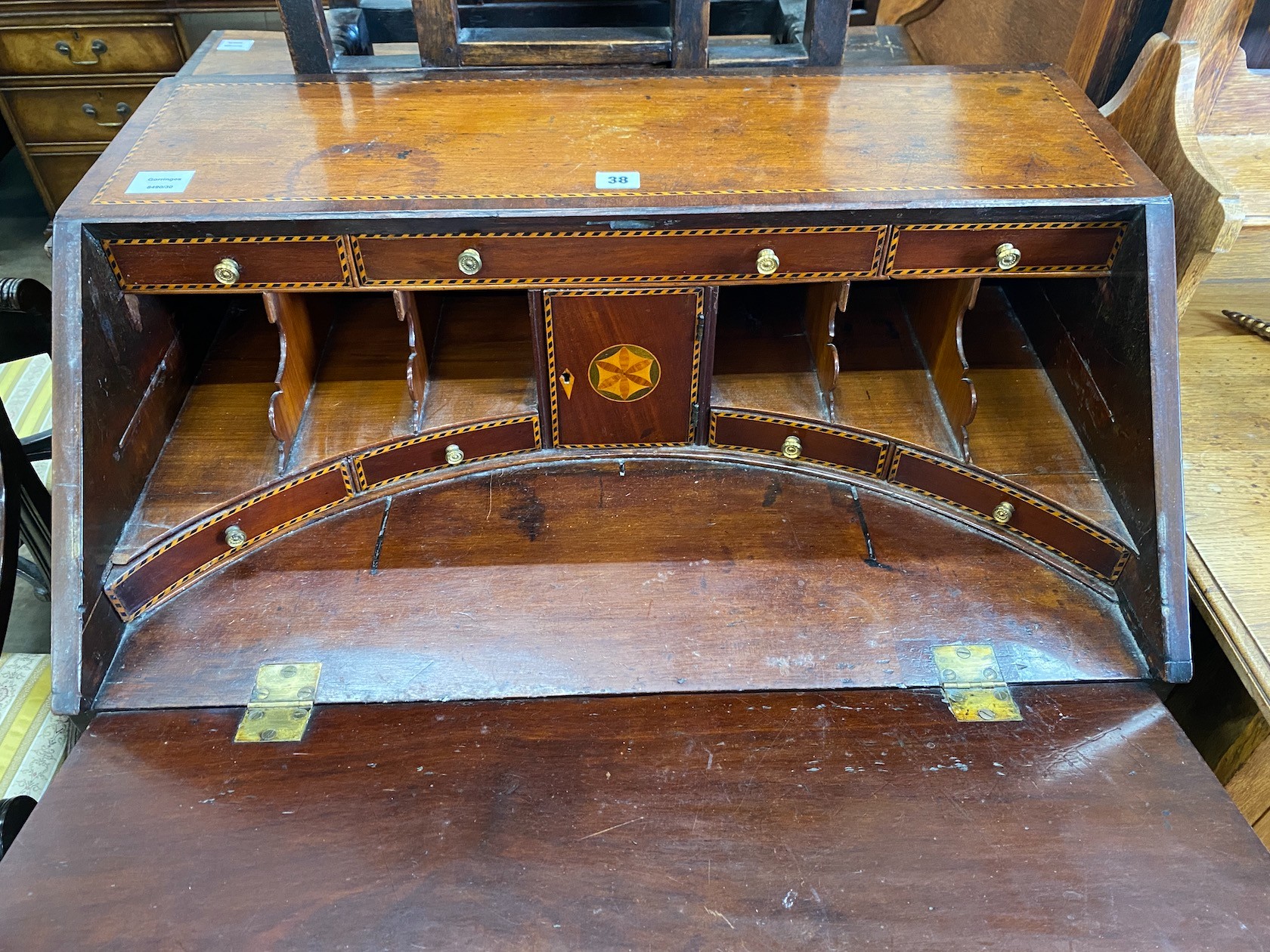 A George III, later inlaid mahogany bureau, width 77cm, depth 48cm, height 105cm - Image 2 of 2