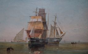 19th Century English School, oil on canvas, Shipping on a calm sea, 18 x 29cm