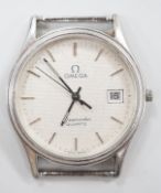 A gentleman's stainless steel Omega Seamaster quartz wrist watch, case diameter 34mm, no strap.