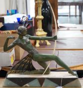A French Art Deco spelter bronzed model of Diana The Huntress, with ornate marble base, after