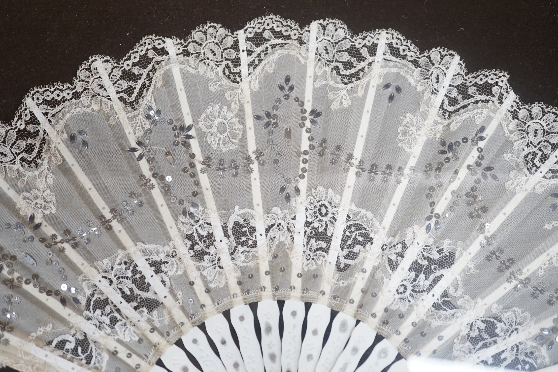 A pair of 19th century cased bone and painted lace fans, 40cm long excl frame - Image 8 of 9